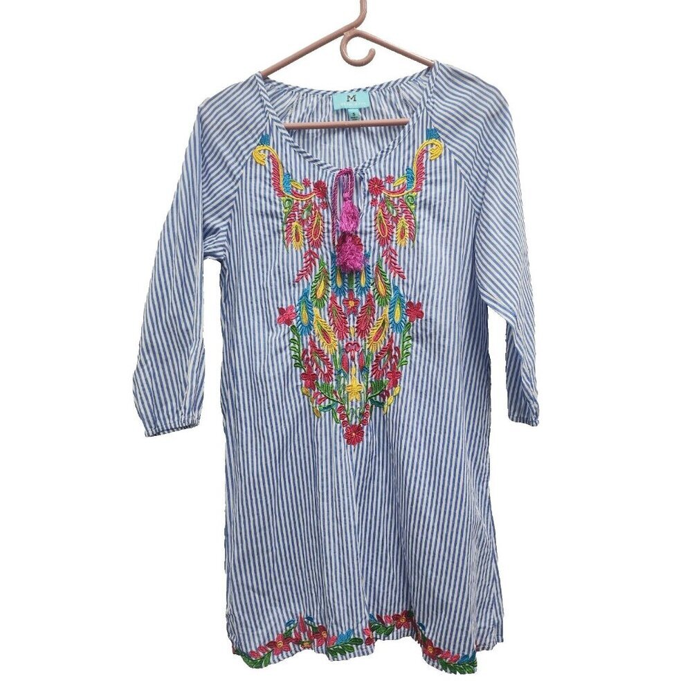 South Main Womens Embroidered Mini Dress Size Small Blue‎ White Striped Peasant